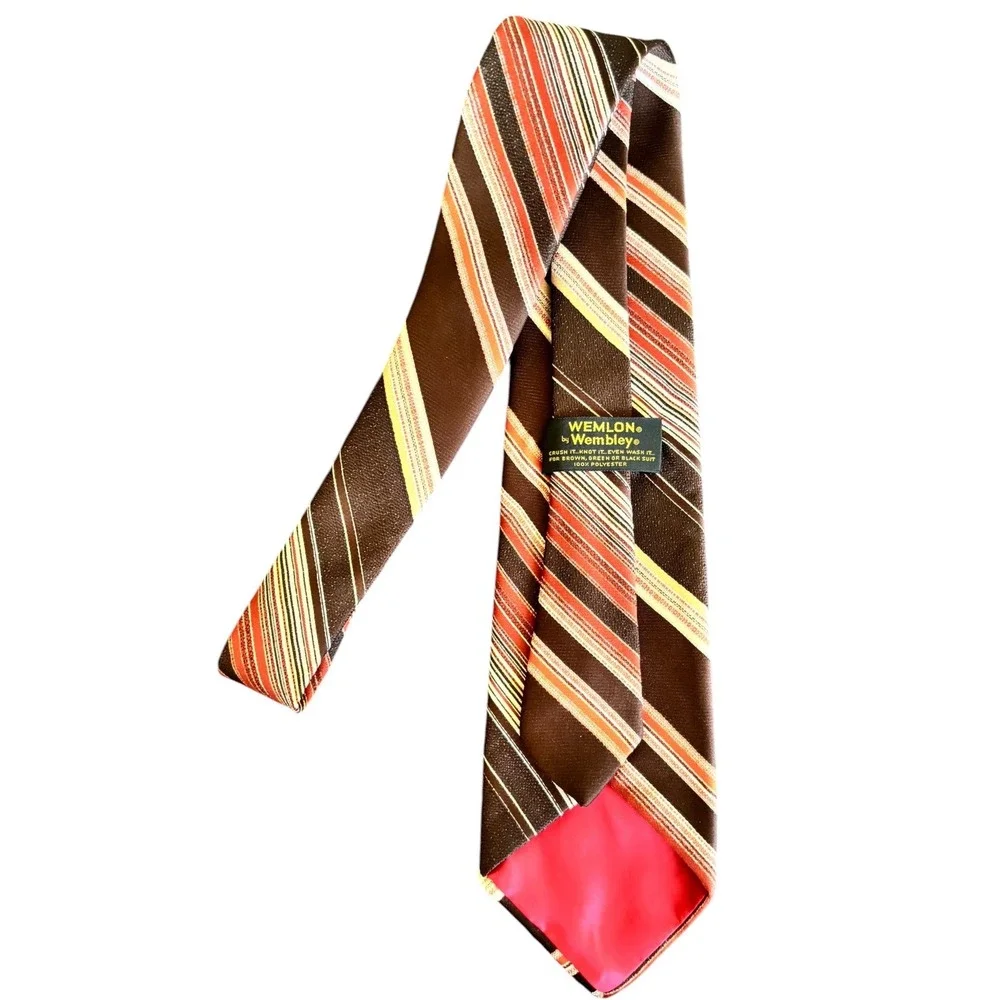 Vintage Wemlon By Wembley Brown‎ Orange Striped Polyester Necktie Retro 70s